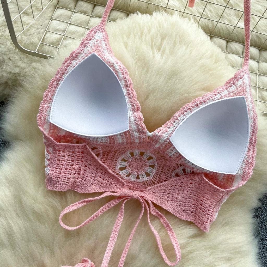 Summer Beach Vacation Knit 2pcs Suits Women Halter Sleeveless Lace Up Camis Elastic Waist Shorts Hook Flower Hollow 2pcs Set