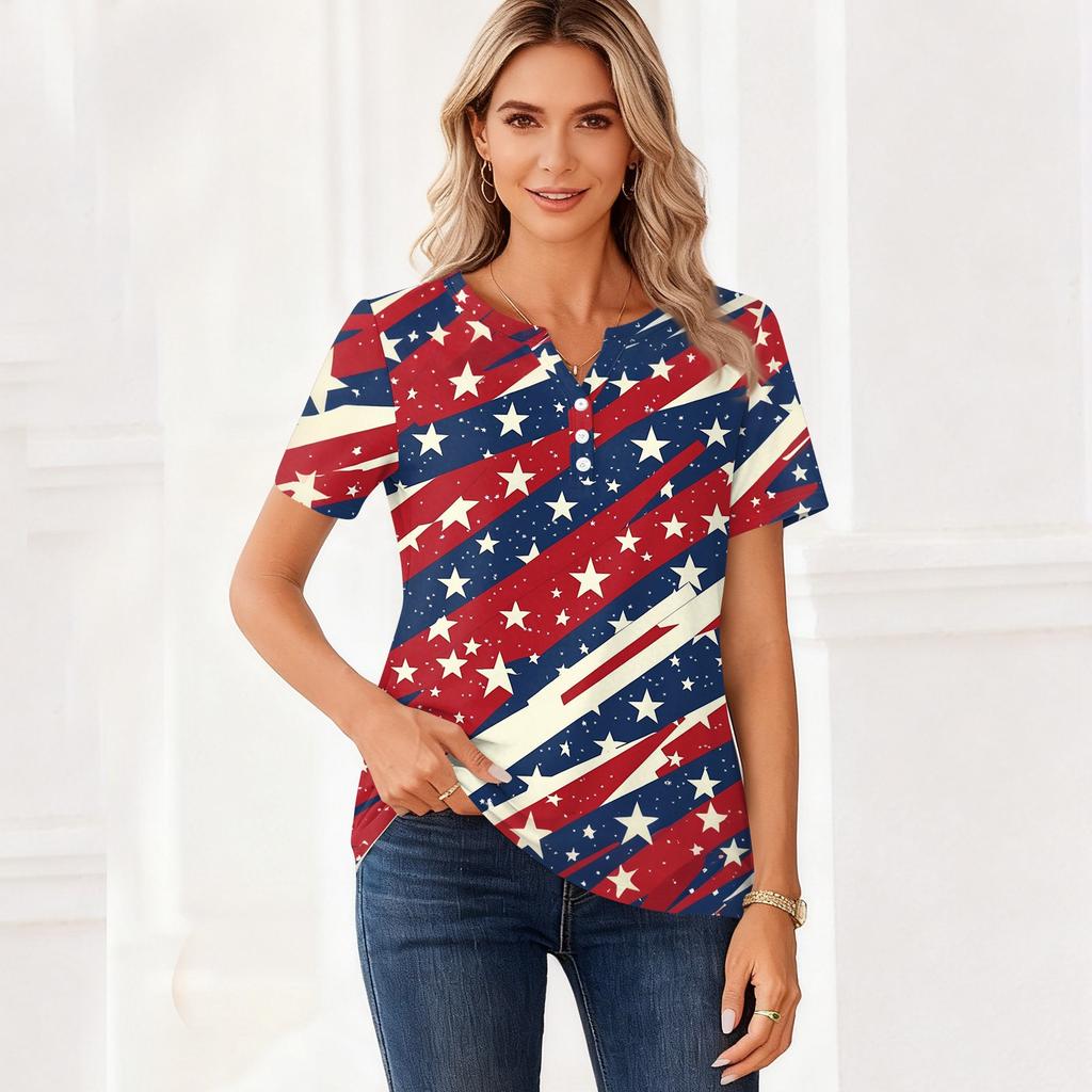 Women's T Shirt Independence Day Print Button Short Sleeve Daily Weekend Fashion Basic V- Neck Regular Top