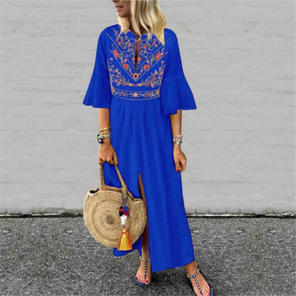 Hot Sale European and American Ethnic Style Loose Casual Medium Sleeve Printed Splicing A-Word Dress LQ