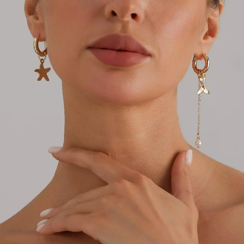 Retro Dolphin Tail Glazed Sea Star Asymmetric Fashion Luxury Earrings for Women Girls Jewelry Accessories Wedding Part Gifts