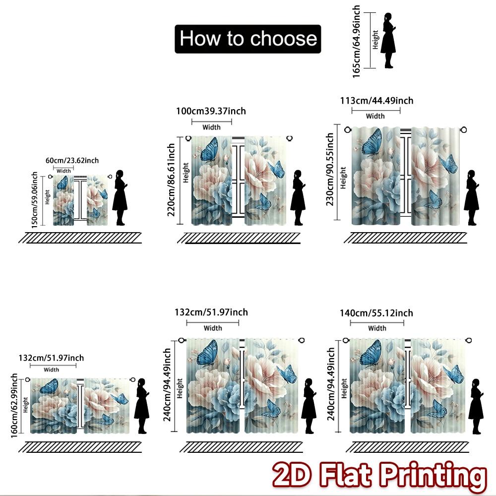 2D Flat Printing 2pcs Window Drapes Blue Butterfly Flower Digital Printed Polyester Drapes Holiday Decorations Perfect for