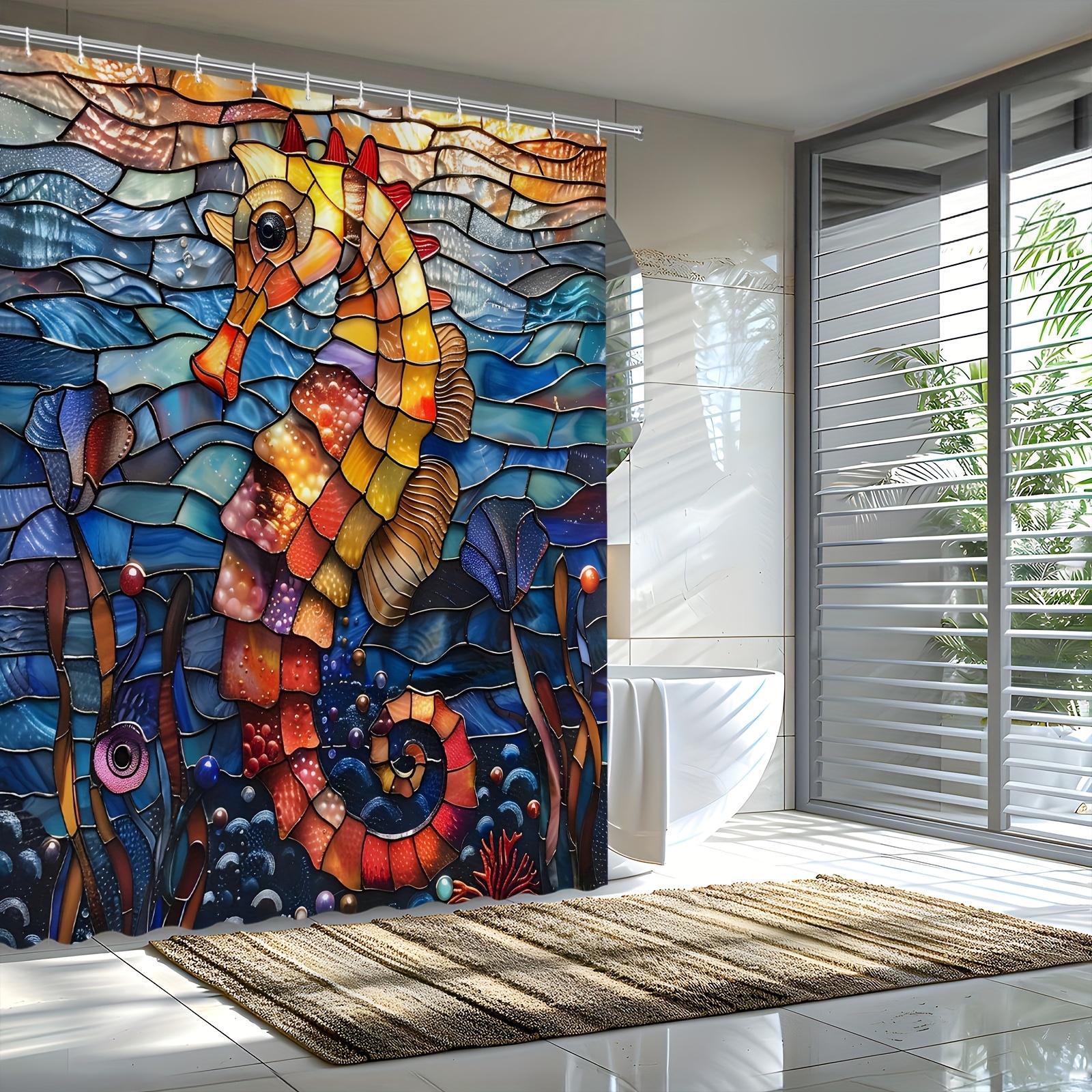 

Colorful Seahorse Mosaic Shower Curtain - Red, Orange, Yellow Seahorses, Coral & Bubbles,Stained Glass Style, Includes 12 Hooks W60H190(CM)-1 Pcs