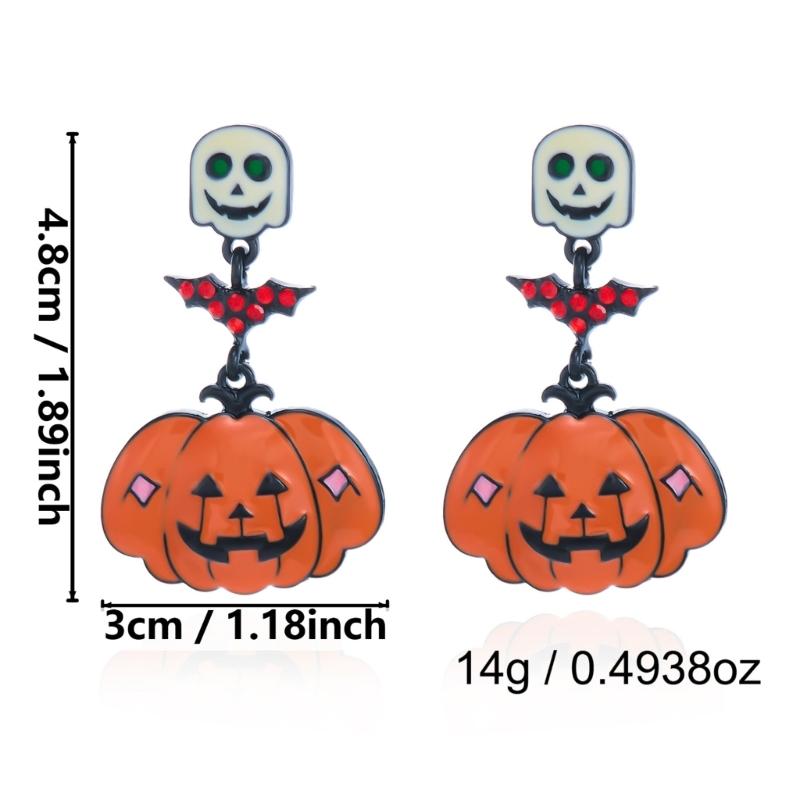 Halloween Party Earrings, Stud Top Drop Pair with Enamel Style Finish for Photo Looks, Fall Gatherings, and Dress Up