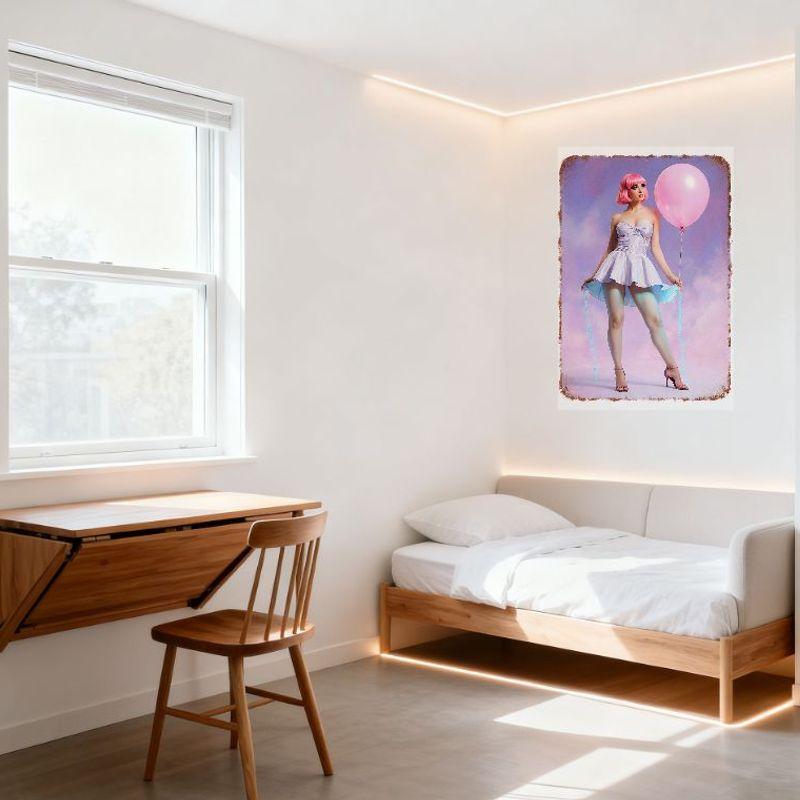 Sexy Frau mit leuchtend pinken Haaren Pastelllila Hintergrund Blechschild Vintage Metallposter für Bar Kneipe Heimwanddekoration (8x12 Zoll)