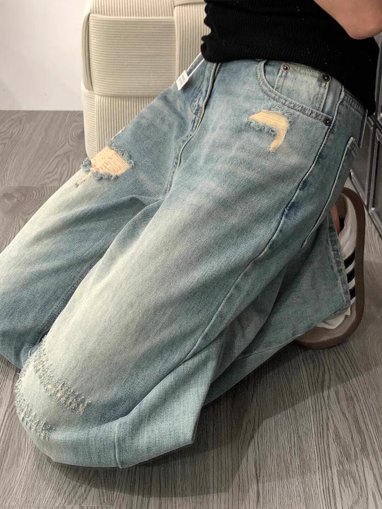 Women's American Retro High-Waist Ripped Wide-Leg Jeans – Summer Floor-Length Design