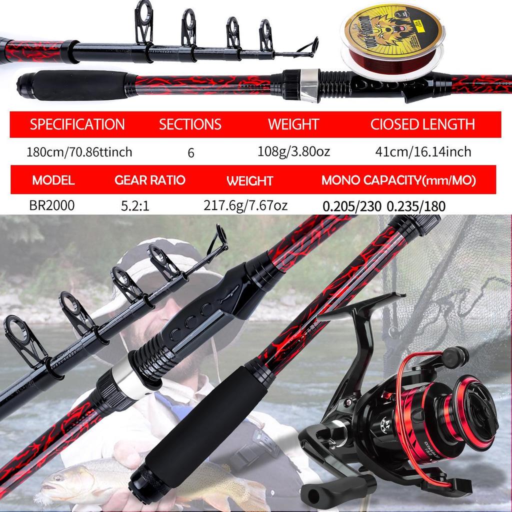 New 1.8m Telescopic Fiberglass Fishing Rod with Reel and Line - Straight Handle Lure Short Sea Rod