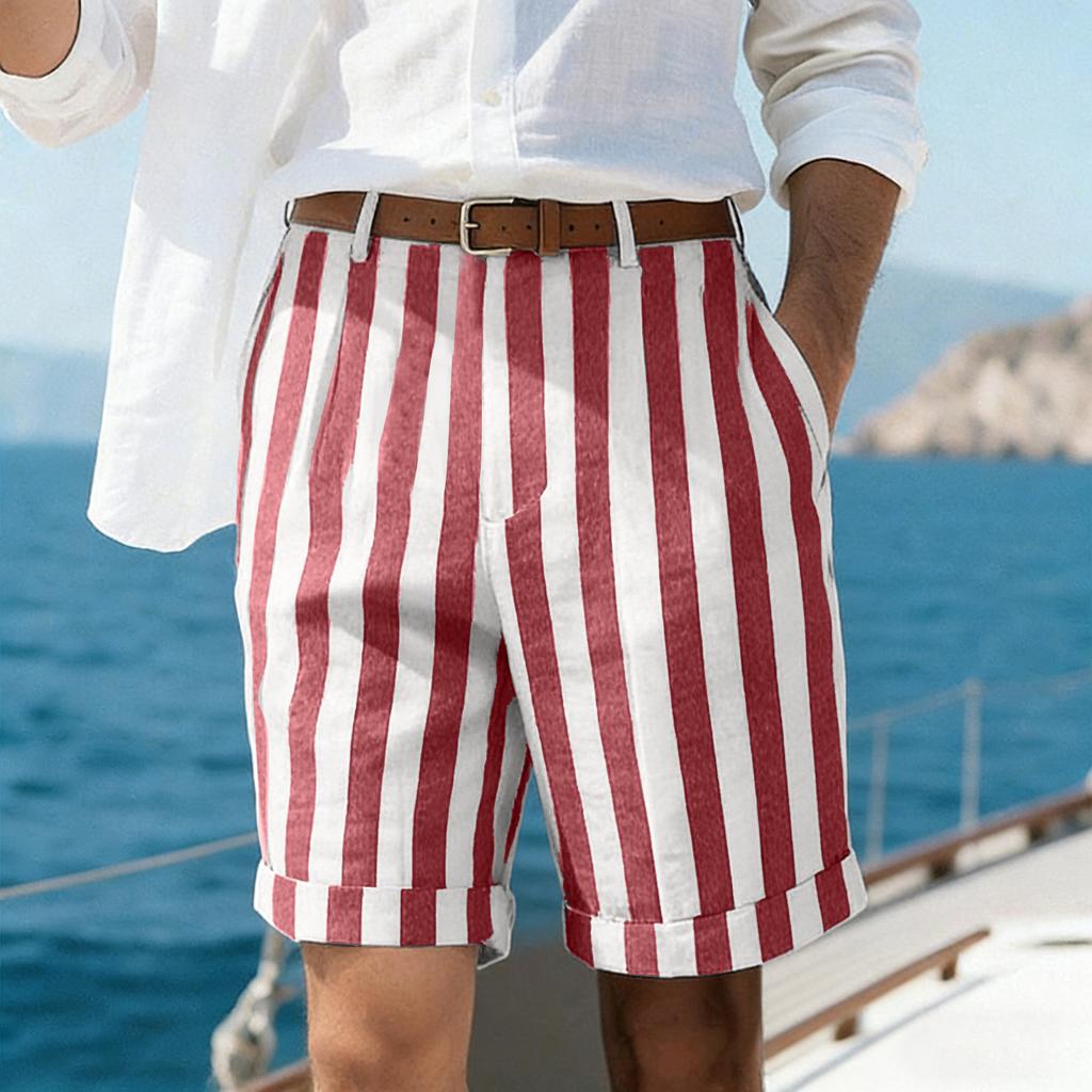 Pantaloncini Casual da Uomo a Righe Verticali Vestibilità Rilassata Leggeri Traspiranti Cotone Orlo Risvoltato Pantaloncini Estivi