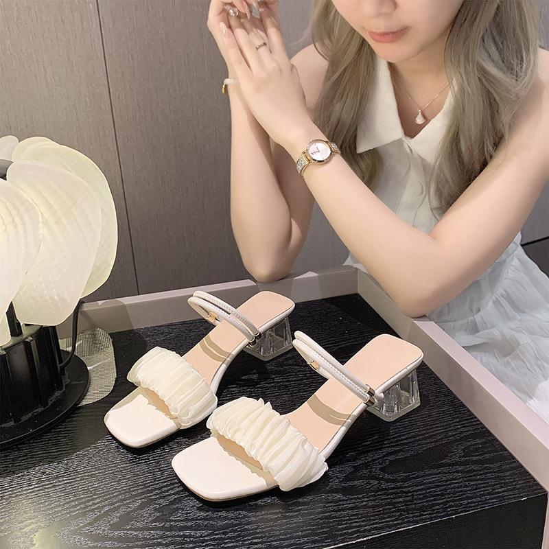 Fairy style thick heel sandals 2025 fashion women's summer women's crystal slippers new pearl high heel slippers outer wear