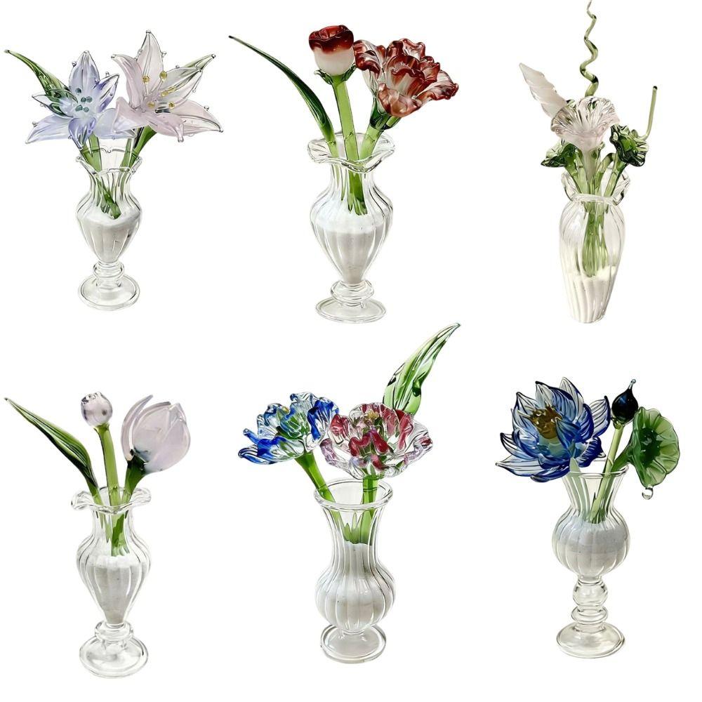 Mini Glass Flower Decor Handmade Colored Glaze Hand-blown Glass Flower Simulation Floral Gift Floral Decoration Home Decoration