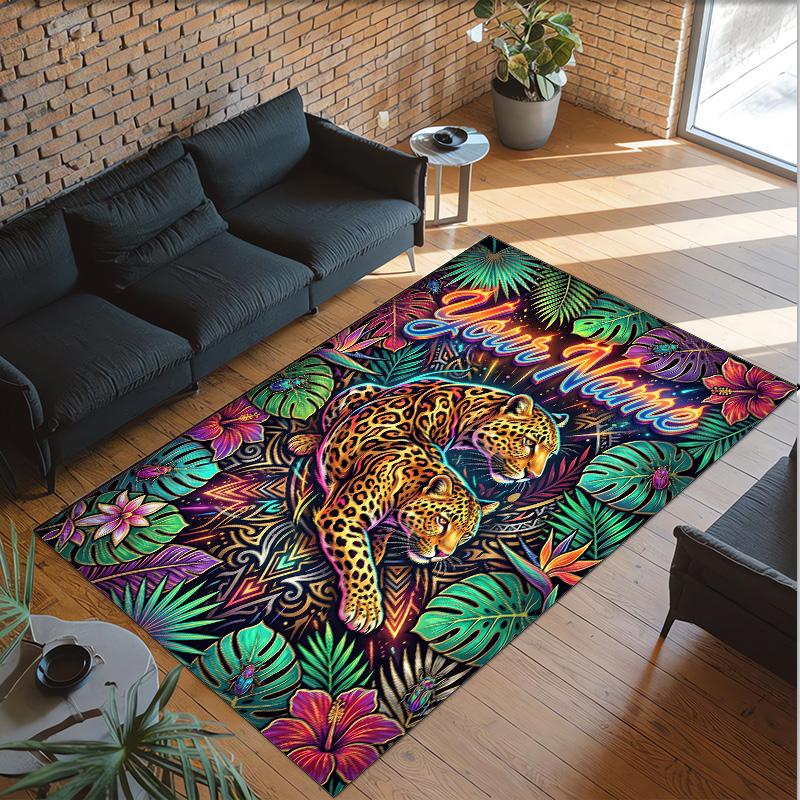 Leopard Theme Crystal Velvet Floor Rug Personalized Custom Name Text Warm Carpet Home Decoration