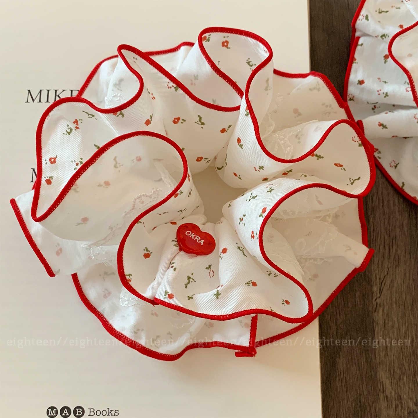 Korean Red Floral Lace Double Layer Large Hair Tie for Women - Elegant Bun and Lazy Style Accessory.