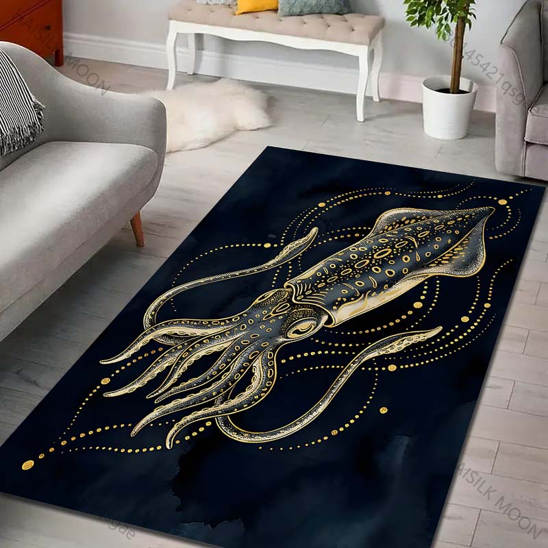 1PC Squid Illustration with Gold Patterns Carpet for Living Room Bedroom Sofa Home Decor Rug Non-slip Floor Mat Luxury Gift