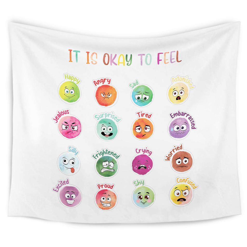 Feelings Emotions Chart For Kids Tapestry,Mental Health Wall Art Kids Bedroom Therapist Counselor Calming Office Classroom
