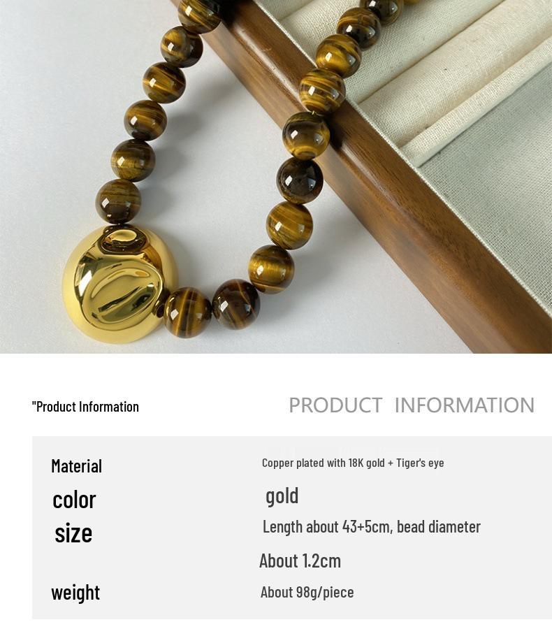 Luxury Tiger Eye Beaded Necklace with Metal Pendant