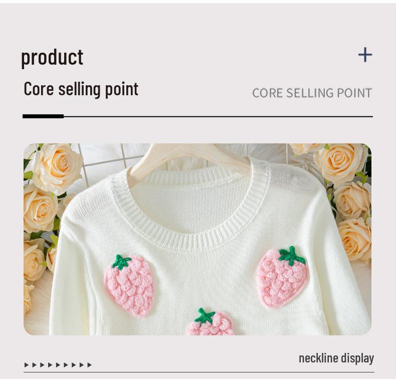Elegant 3D Strawberry Pattern Women's Pullover Sweater - Long Sleeve Knitwear