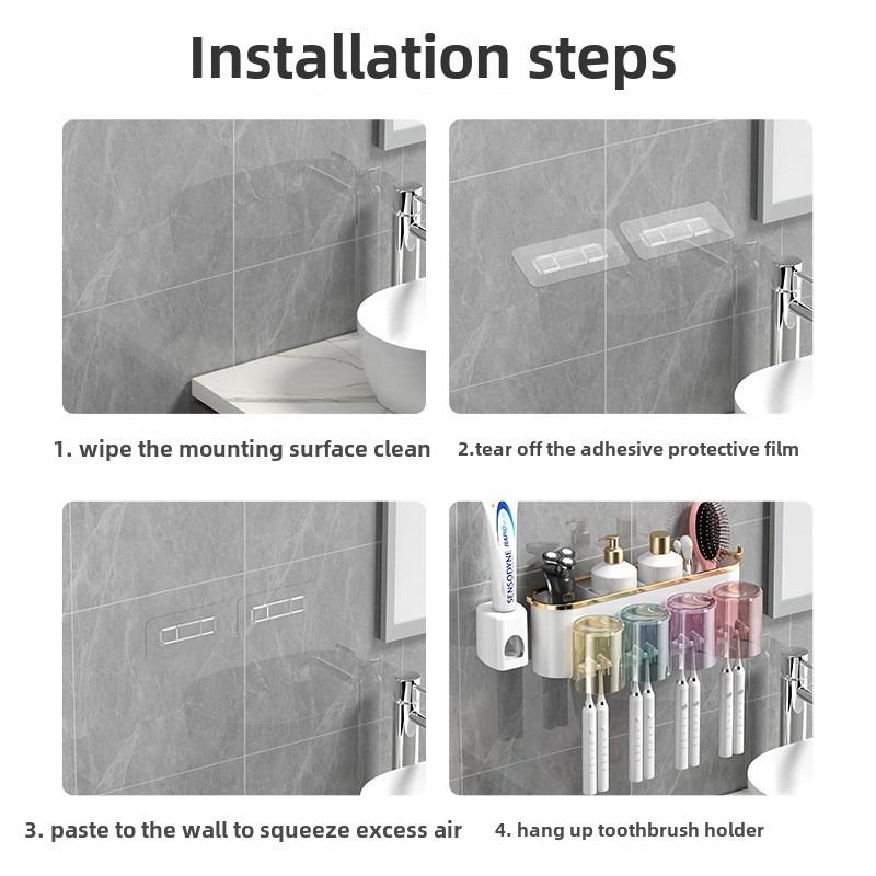 Wall Mount 2-in-1 Toothbrush Holder with Squeezer & Built-in Cup | No Drill Bathroom Organizer for 2-4 Brushes