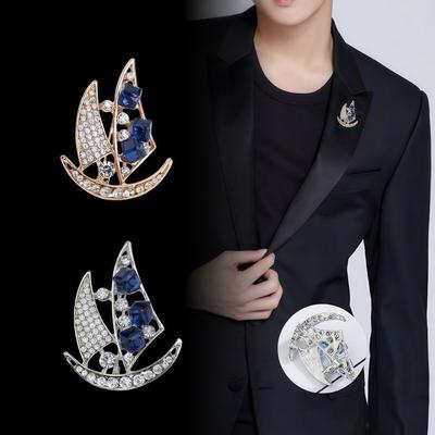 Boat Badge Suit Collar Pin Crystal Men Brooch Delicate Rhinestone Sailboat Brooch  Business