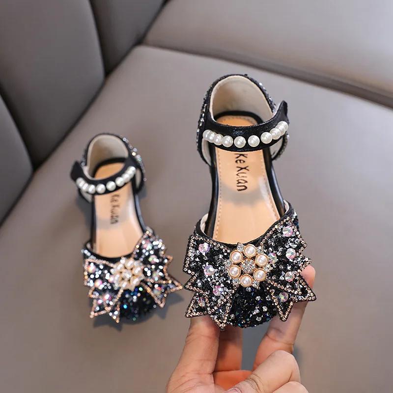 

Little Baby Girl Silver Rhinestone Princess Party Sandals Children Pearl Bow Dancing Flats Kids Shining Performance Shoes H06051 21 чорний