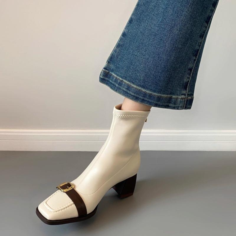 Women Ankle Boots Winter New Women Shoes Mid Heels Fashion Goth Square-toed Short Boots 2025 Chunky Snow Pu Leather Shoes Women