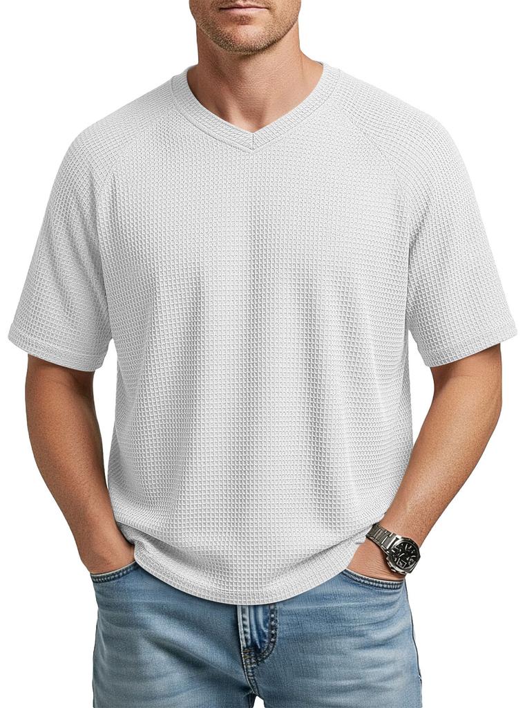Men's Waffle Knit Short Sleeve T-Shirt Spring Summer Lightweight Breathable V-Neck Raglan Sleeve Casual Solid Top