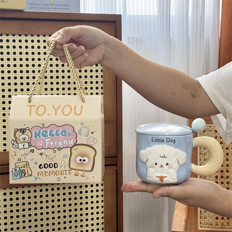 Puppy Mug With Lid Spoon Cute Couple Water Cup Girls Household Creative Ceramic Cup Souvenir Gift Box