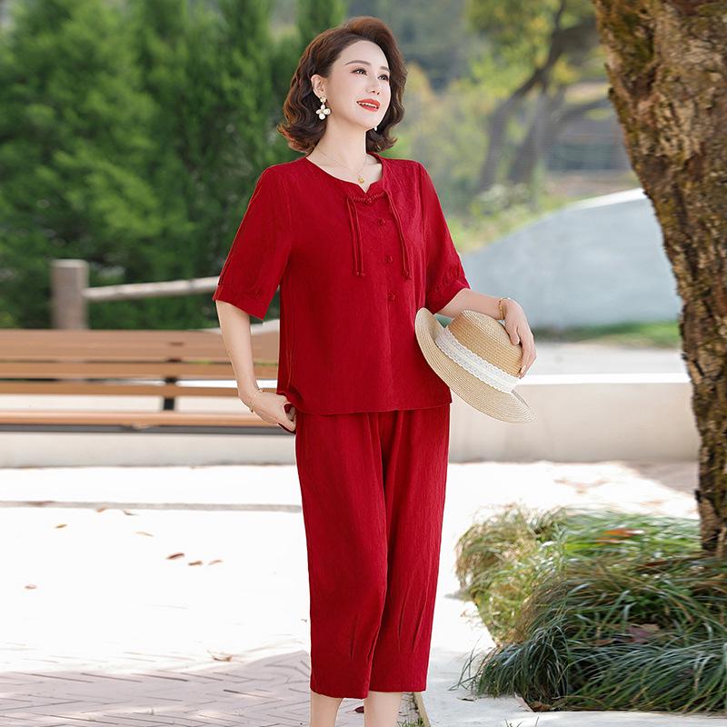 

Stylish Summer Two-Piece Set: Short Sleeve T-Shirt & Loose Fit Pants 5XL (145-160 jin) червоний