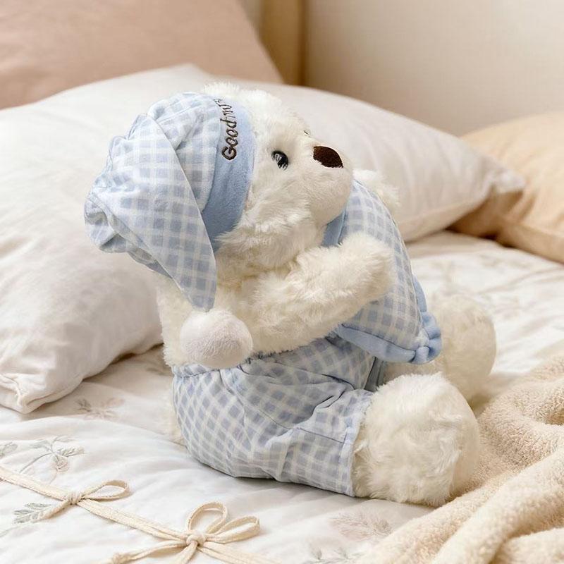 Orsacchiotto di Peluche Carino Buonanotte Orso Bianco Soffice Animale di Peluche Con Cuscino Pigiama E Berretto da Notte Bambola Orsacchiotto Kawaii