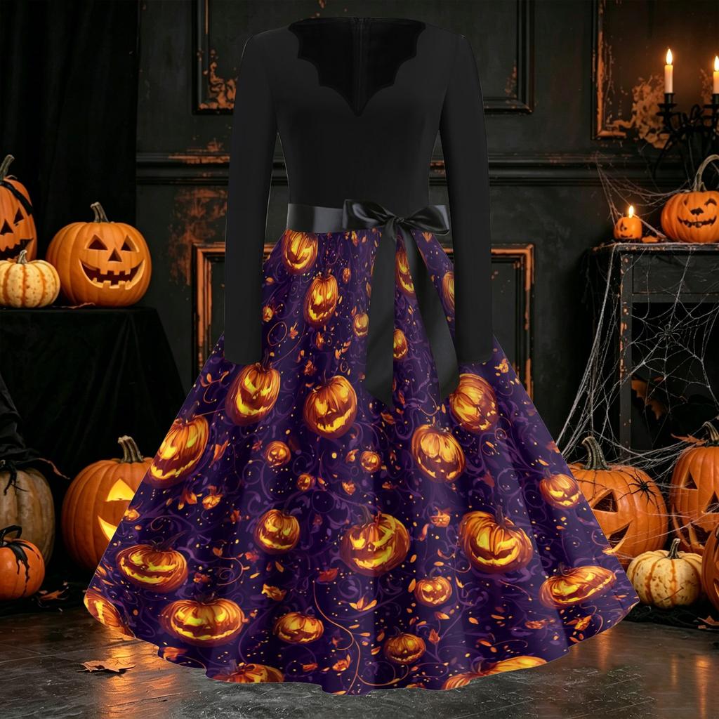 Women Casual Long Sleeve V Neck Vintage Dress Halloween Print Retro Style A Line Midi Dress with Waist Tie Belt