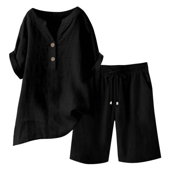 Cotton Linen 2 Piece Outfits for Women Short Sleeve V-Neck Top Wide Leg Shorts Set Summer Casual Loose Lounge Set