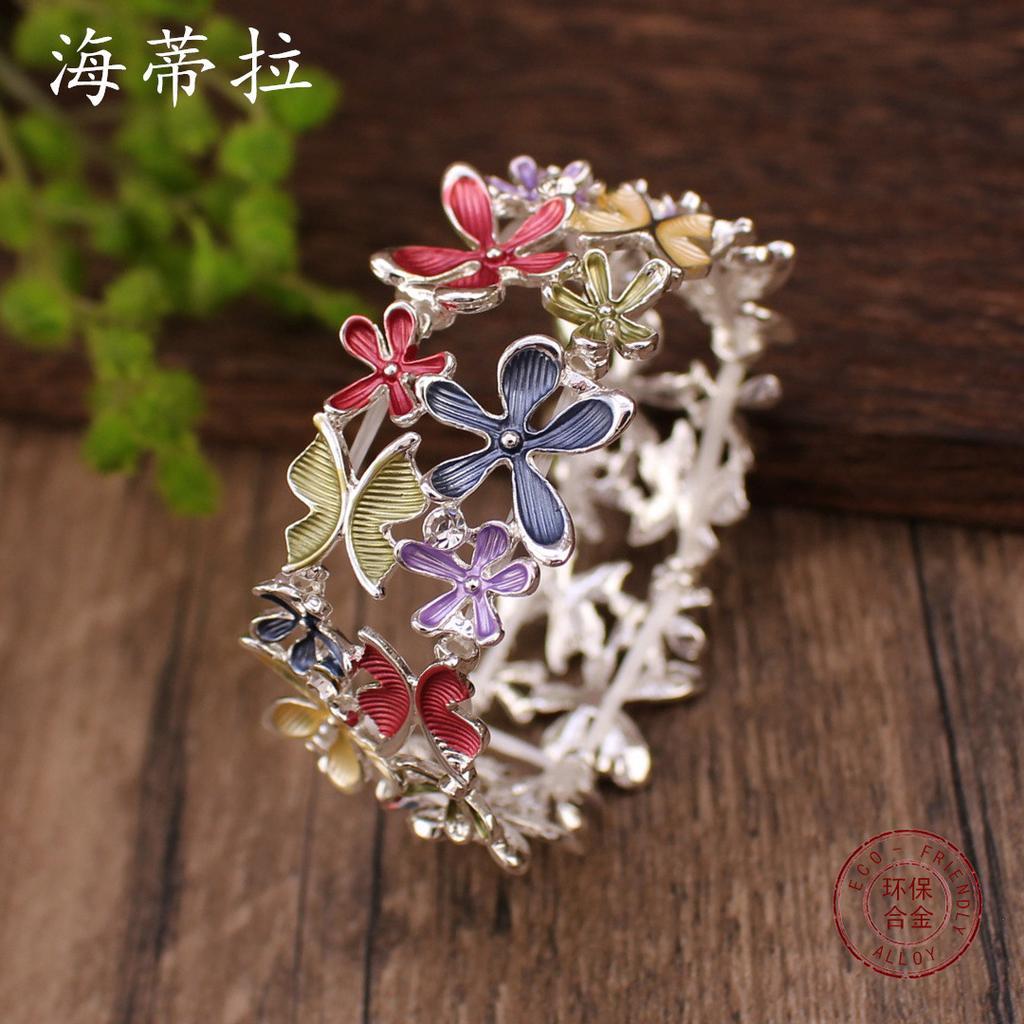Color Painted Oil Flower Butterfly Elastic Bracelet Fashion Versatile Ladies Butterfly Flower Alloy Bracelet