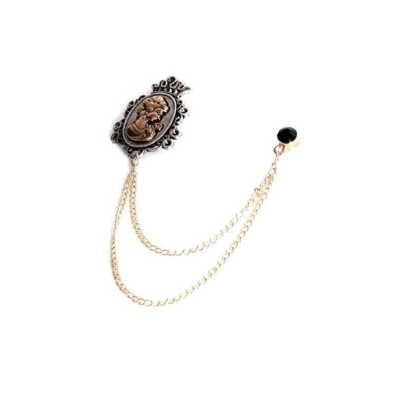 Vintage Beauty Lady Head Crown Brooches Fashion Jewelry Luxury Trendy Host Stage Male Suit Collar Pin Tassel Chain Accessories