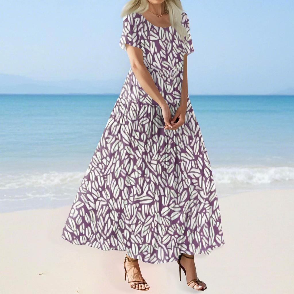Women's Summer Casual Floral Print Short Sleeve O Neck High Waist A Line Tiered Flowy Boho Maxi Dress