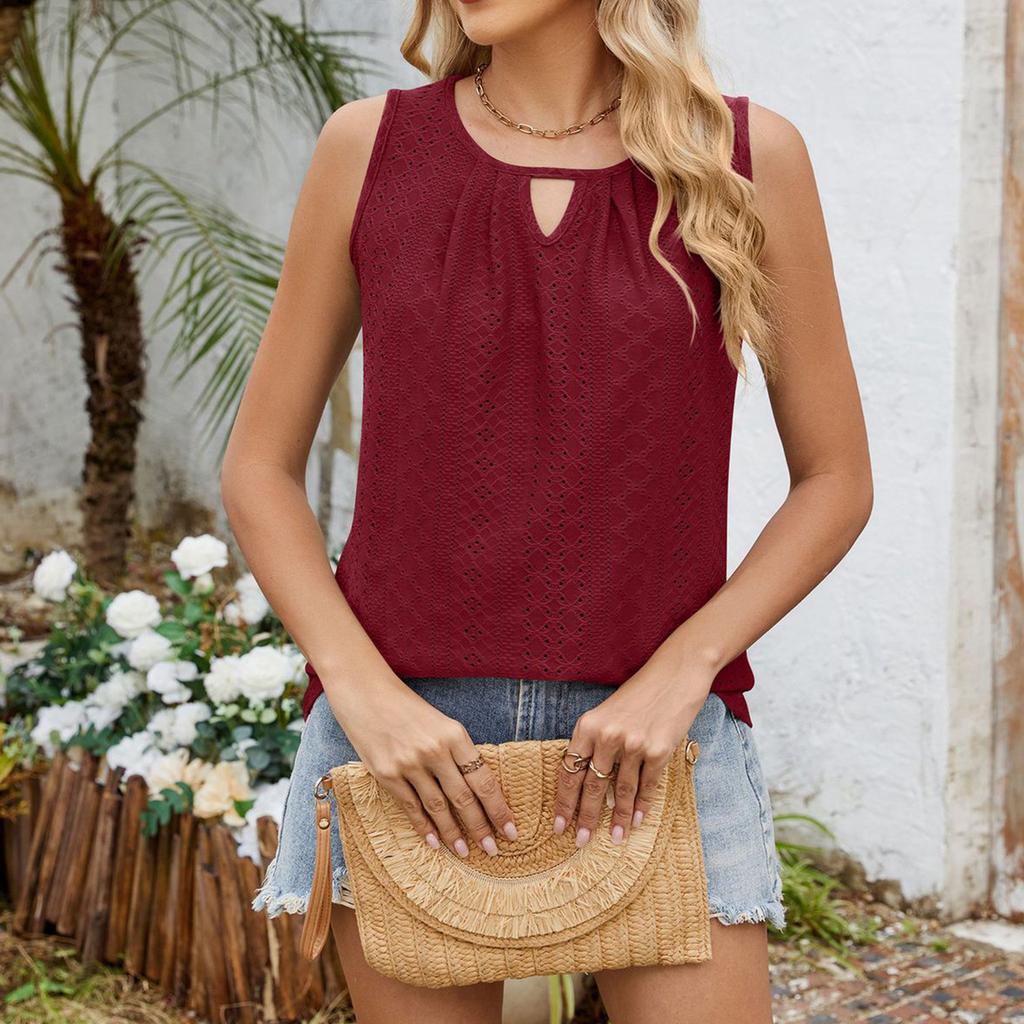 Women's Casual Sleeveless Top Crew Neck Hollow Out Pleated Design Lightweight Summer Tank Shirt Blouse