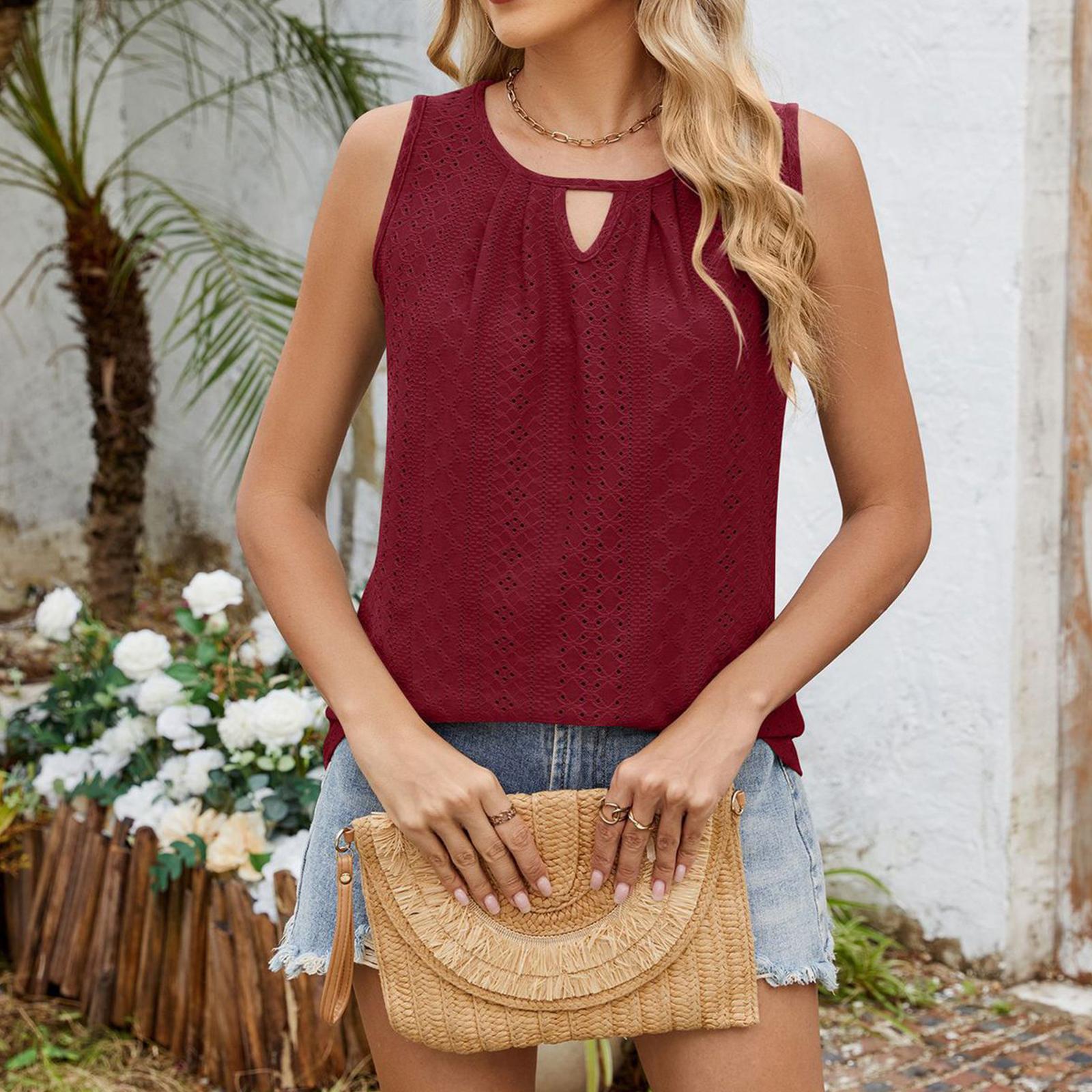 Women s Casual Round Neck Hollow-out Pleated Vest Sleeveless T-shirt Top S винный