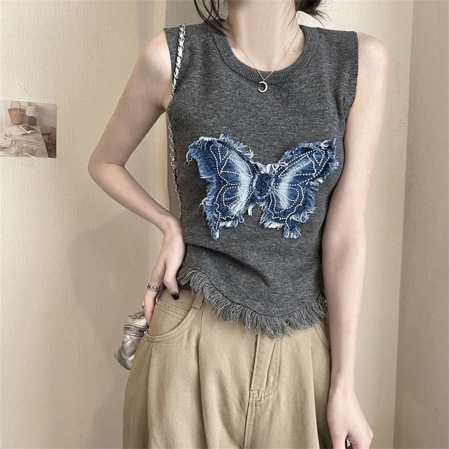 Summer Thai Style Niche Sweet and Spicy Butterfly Tank Top with Camisole for Women Wearing Short Sleeveless Tops