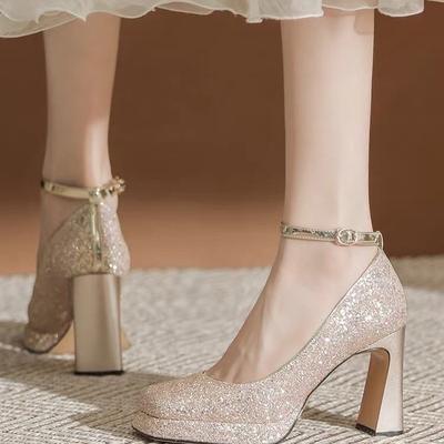 Waterproof Desk Thick Heel Mary Jane Crystal Shoes One-Button Wedding Shoes Bride Shoes Small Square Head High Heels Women