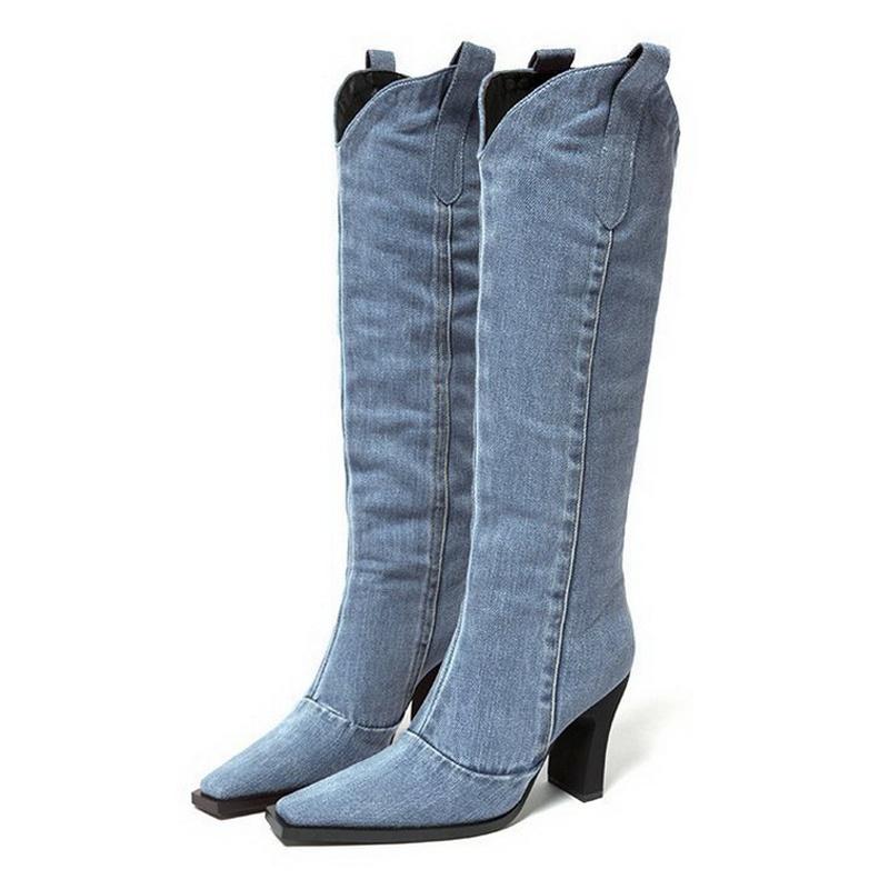 

Весна Осень Женские эластичные джинсовые сапоги на высоком толстом каблуке Длинные женские сапоги до колена Прямые сапоги Женские сапоги для верховой езды Botas De Mujer 40