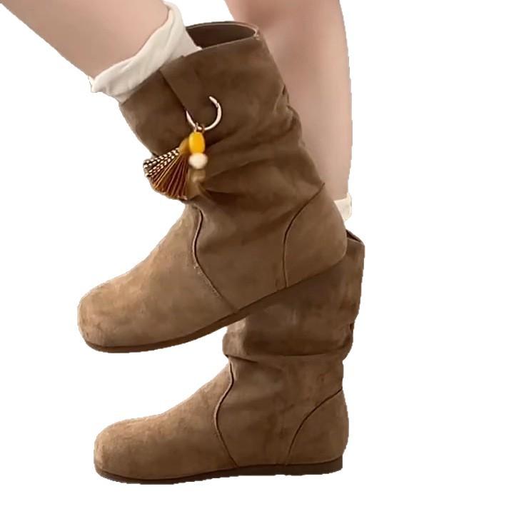 Height-increasing Retro Pendant Short Boots for Women~ 2025 Autumn New Versatile Tassel Beaded Flat Pile Small Short Boots for Women