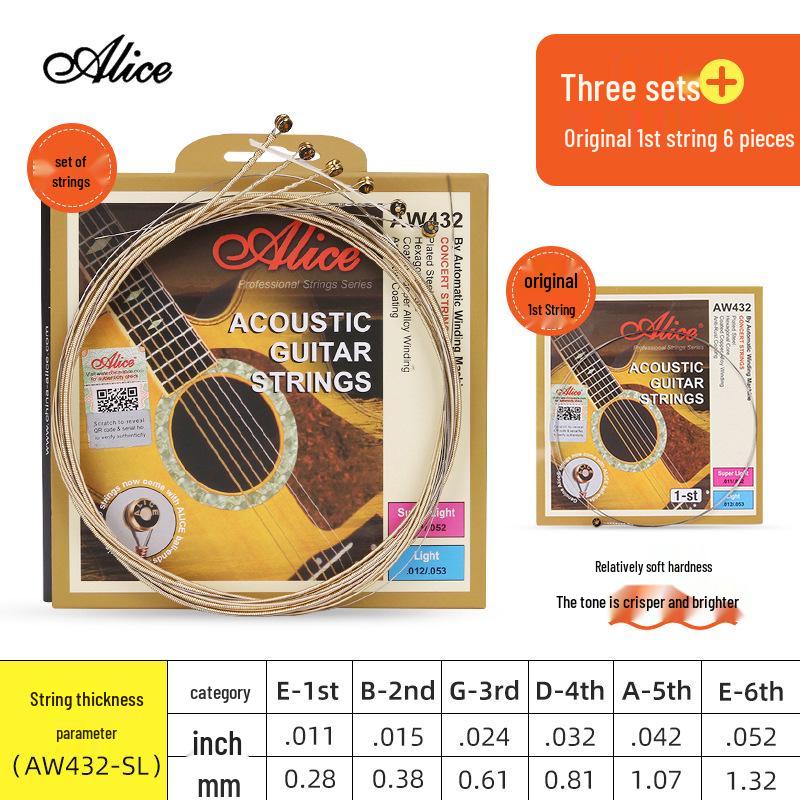 Corde per Chitarra Acustica Alice Folk - Set Completo da 6 (Corde 1ª, 2ª, 3ª come Singole)
