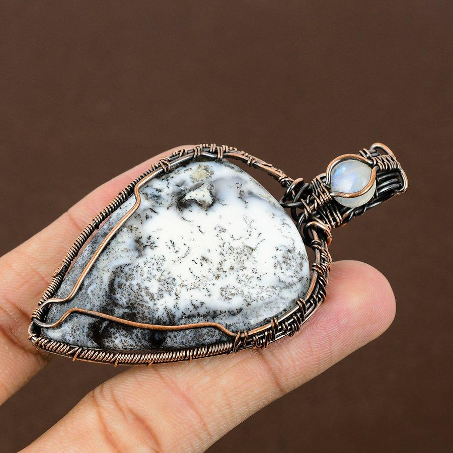 Natural Dendrite Opal, Moonstone Gemstone Copper Wire Wrap Pendant 2.96" l7N20