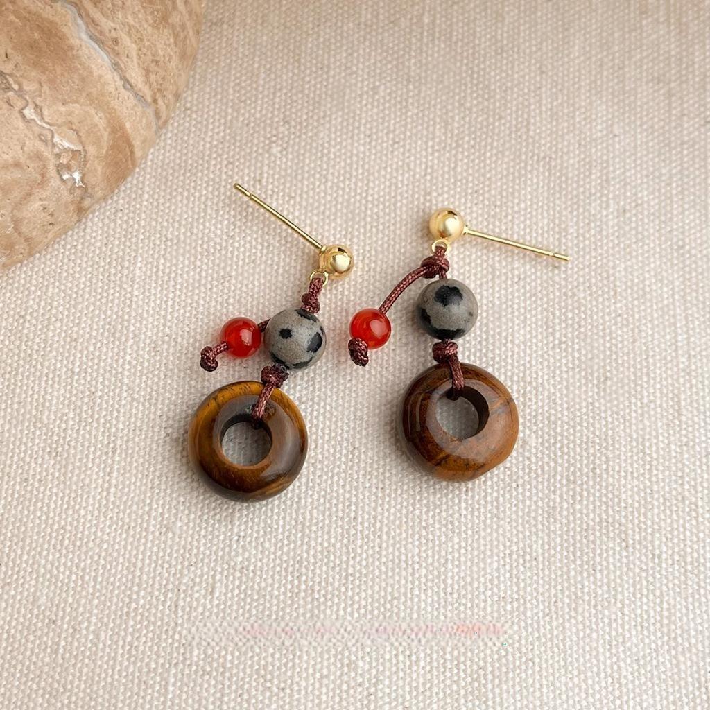 New Chinese Style Tiger Eye Red Agate Spotted Stone Peace Buckle Drop Earrings разноцветный