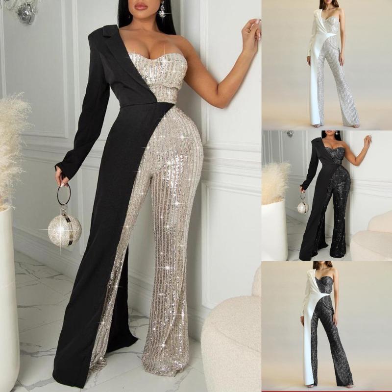 2 New E-commerce Women's Clothing Silver Splicing Sequined Shoulder Fashion Sequined Jumpsuit