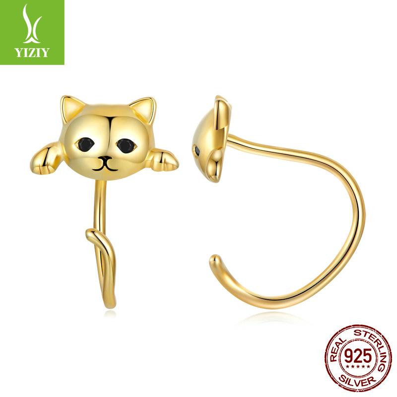 Cute Cat Stud Earrings Set, Playful Animal Electroplated 925 Sterling Silver Jewelry.