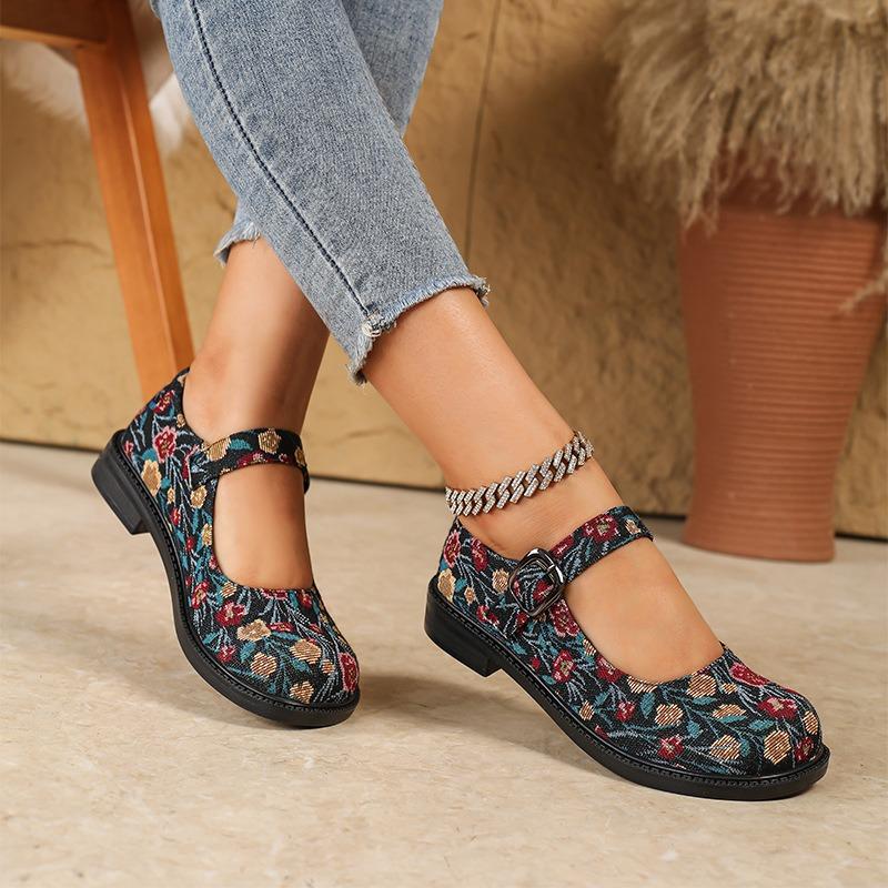 Small Leather Shoes Women's Spring and Autumn Literary Embroidery Floral Fabric Mary Jane Single Shoes Princess Shoes Low Heel Retro Style