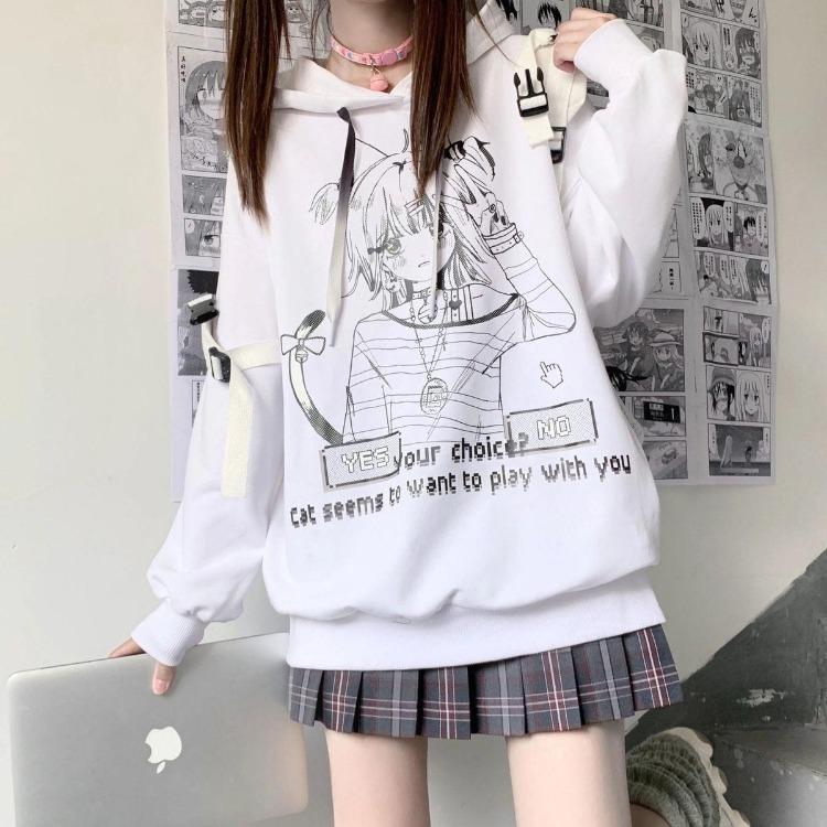 Sudadera con capucha Gótica de Anime Oversize para Mujer Harajuku Streetwear Pulóver Manga Larga Negro Blanco Moda Femenina Sudadera