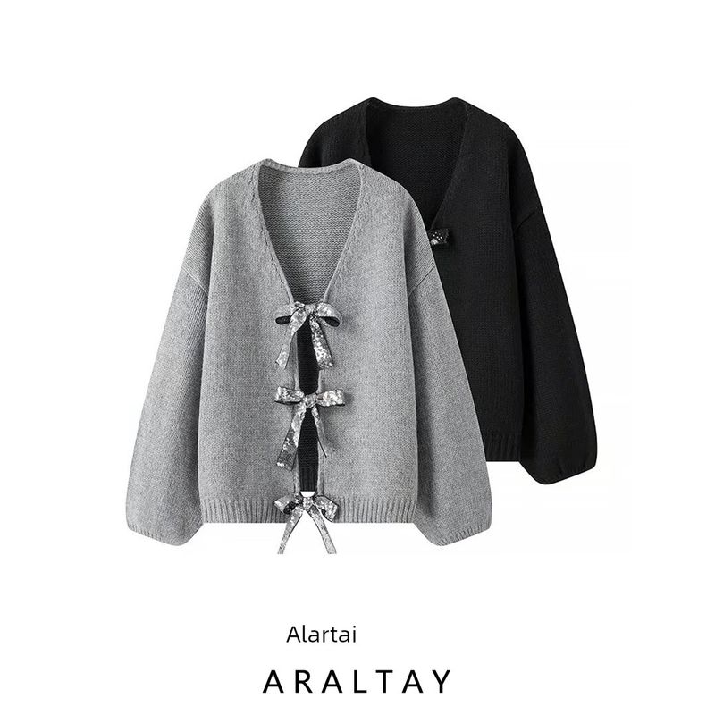 Araltay Fashion Style Women's Clothing French Style New Arrival Fashionable Sequins Bowknot Decoration Loose Knitting Sweater Cardigan