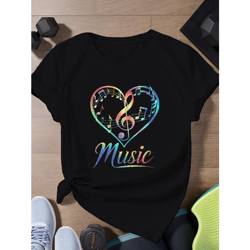 

European Size heart of musical notes Women s Plus Size Sports Short Sleeve T-Shirt 4XL чорний