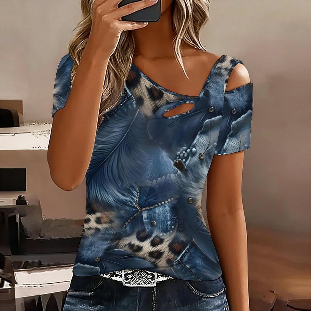Women Leopard Print Cold Shoulder Short Sleeve T Shirt Irregular Cutout Neck Casual Summer Blouse Top
