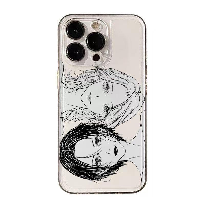 Manga Style Girls Line Art Pattern Phone Case for iPhone 17 16 15 14 13 12 11 16E Series Pro Max Plus Double Layer Protection