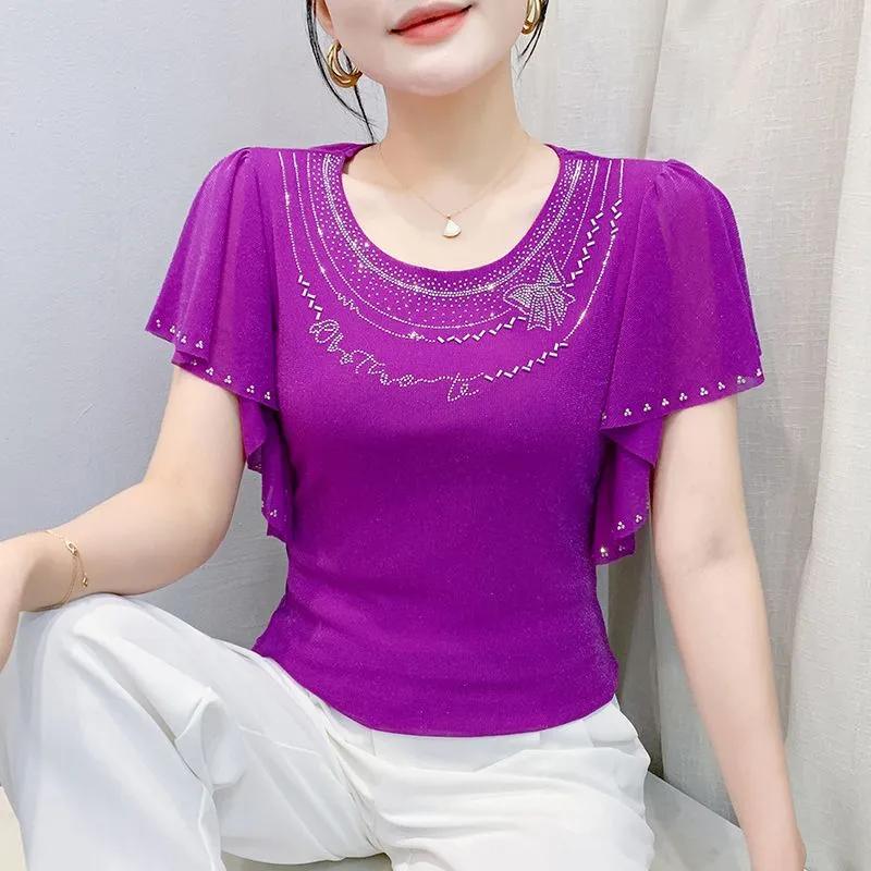 Summer New Design Fashion Unique Necklace Flower Shaped Hot Diamond Round Neck Mesh Versatile All Match Women's Elegant Top